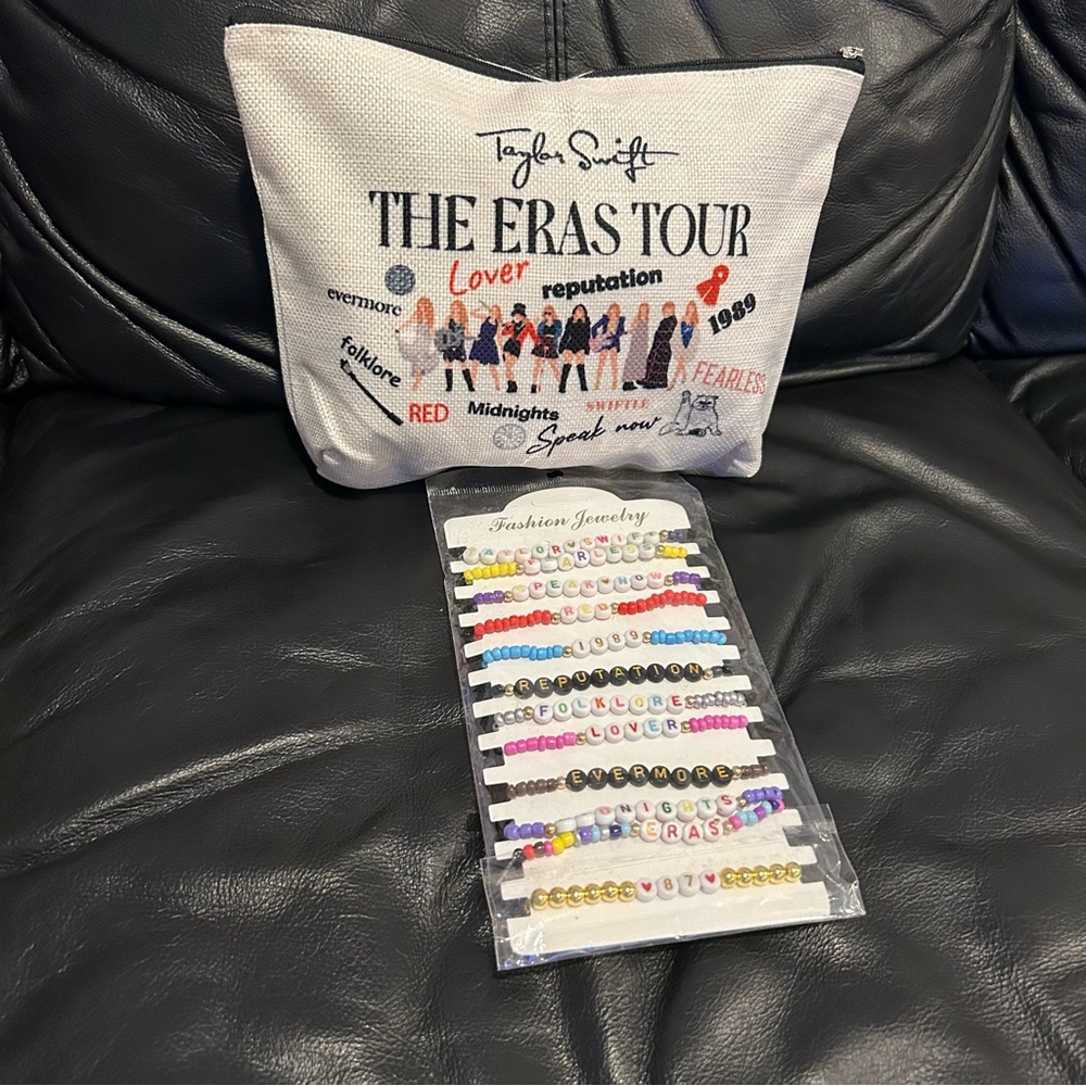 Taylor Swift The Eras Tour Makeup Pouch and Beaded Bracelet Lot